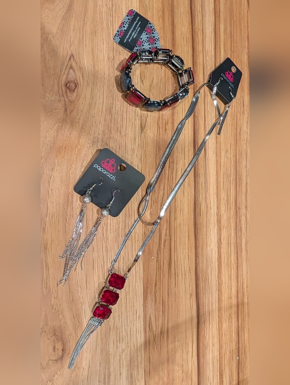 Paparazzi Silvertone Necklace & Red Stone Bracelet Set